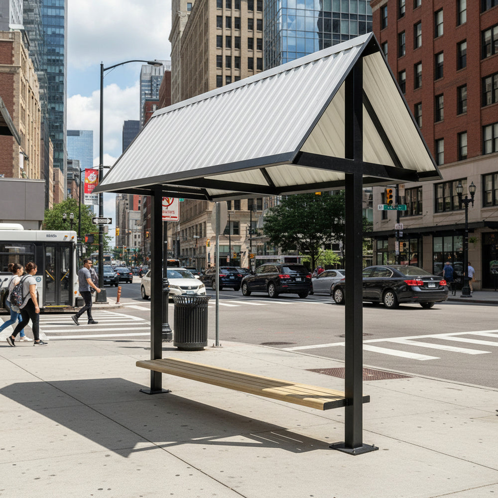 Structural beam detail of TAIMCO metal bench shelter showcasing durable fabrication.