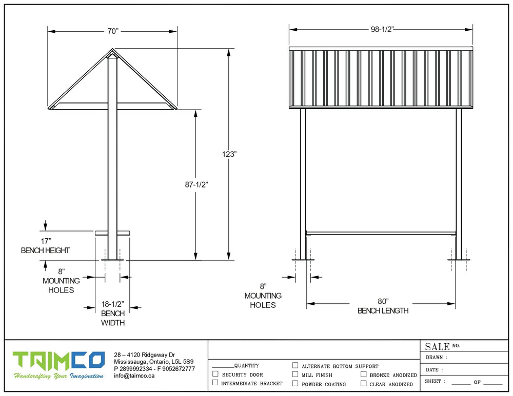 Empty modern bench shelter with steel frame and metal roof, designed for parks and public areas.