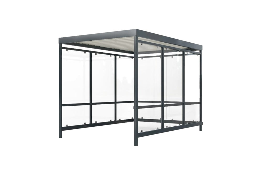 Side profile of modern shopping cart shelter featuring flat roof design and transparent glass enclosure.