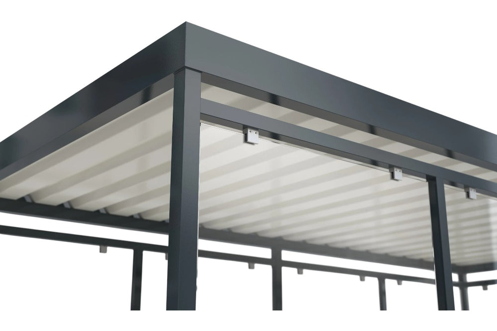 Black steel frame and precision‑welded joints on TAIMCO shopping cart shelter.