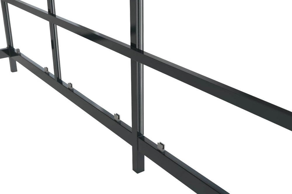 Rear angle of shopping cart shelter with flat roof and full glass back panel.