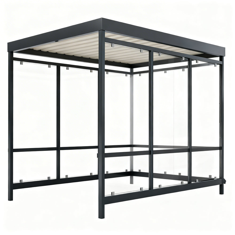 TAIMCO shopping cart shelter with flat slatted roof and full glass side panels.