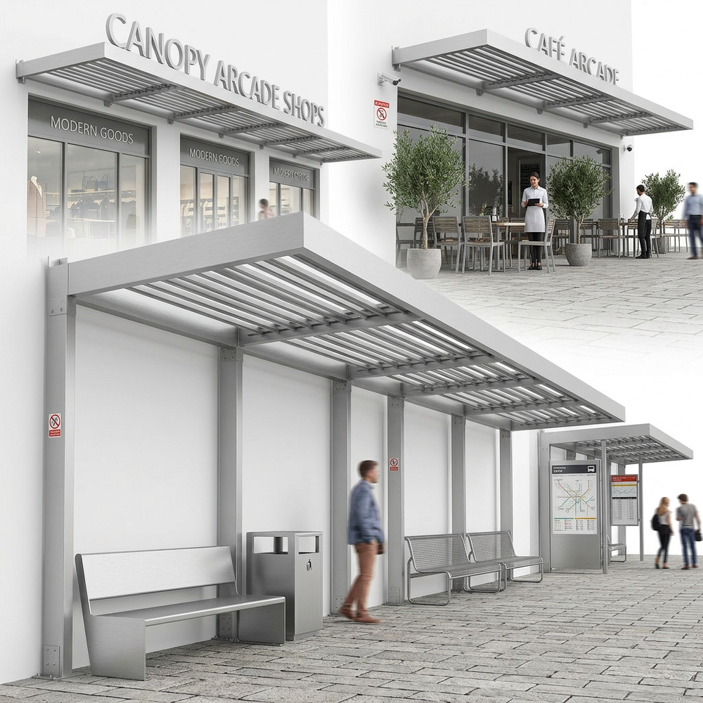 Canopy arcade shops with people walking by and a cafe inside.
