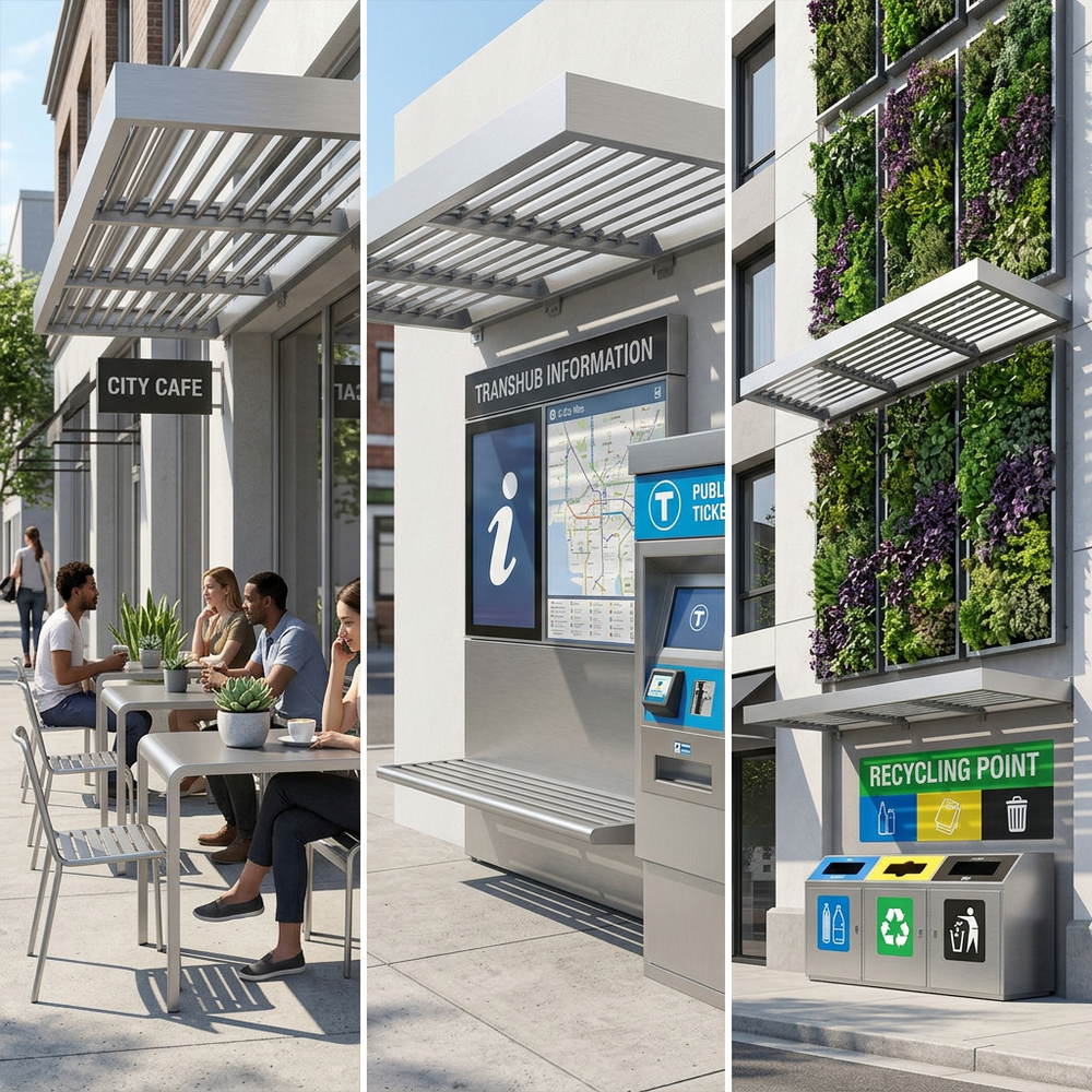 Collage of a city cafe, transit hub information station, and recycling point.
