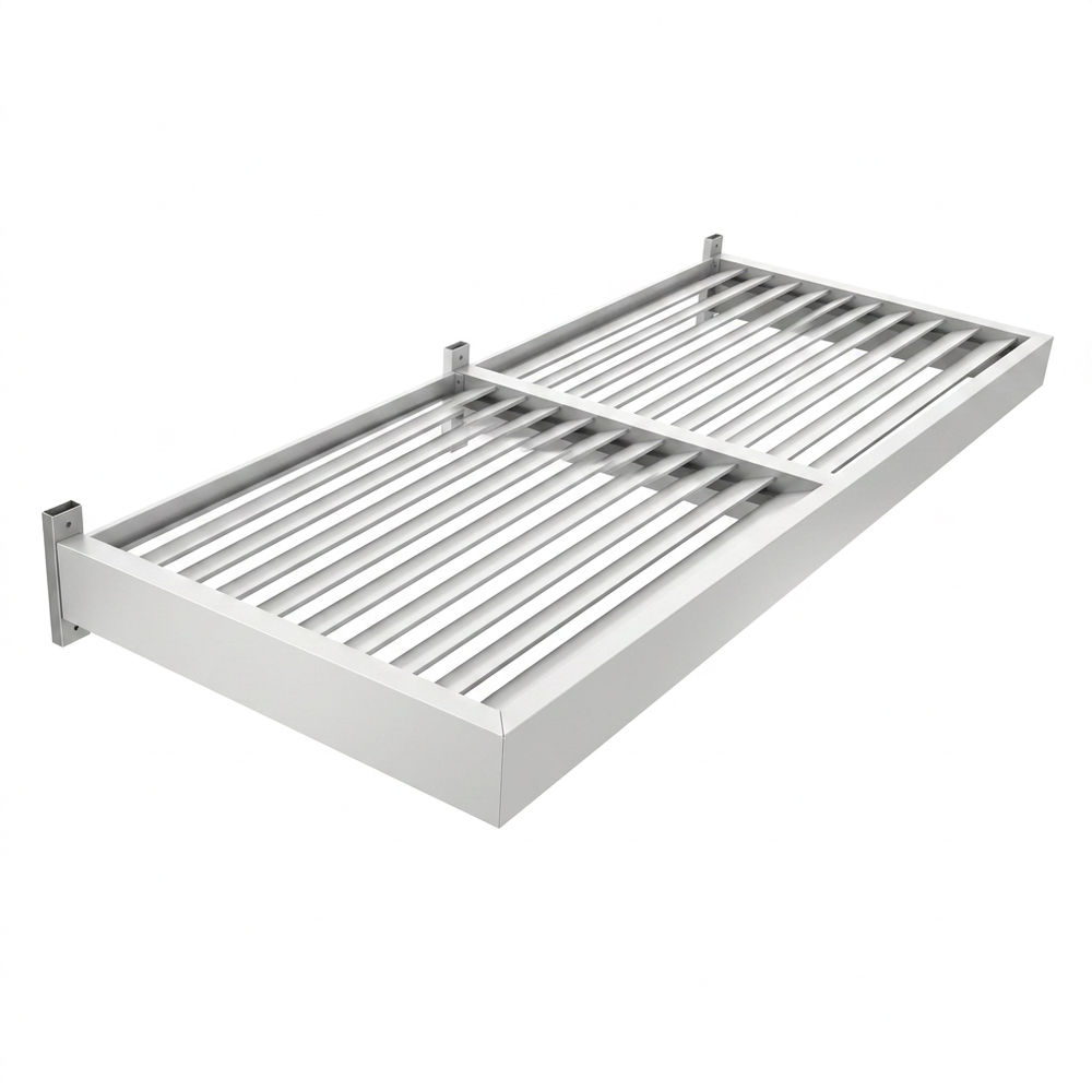 Two metal slat shelves on a white background