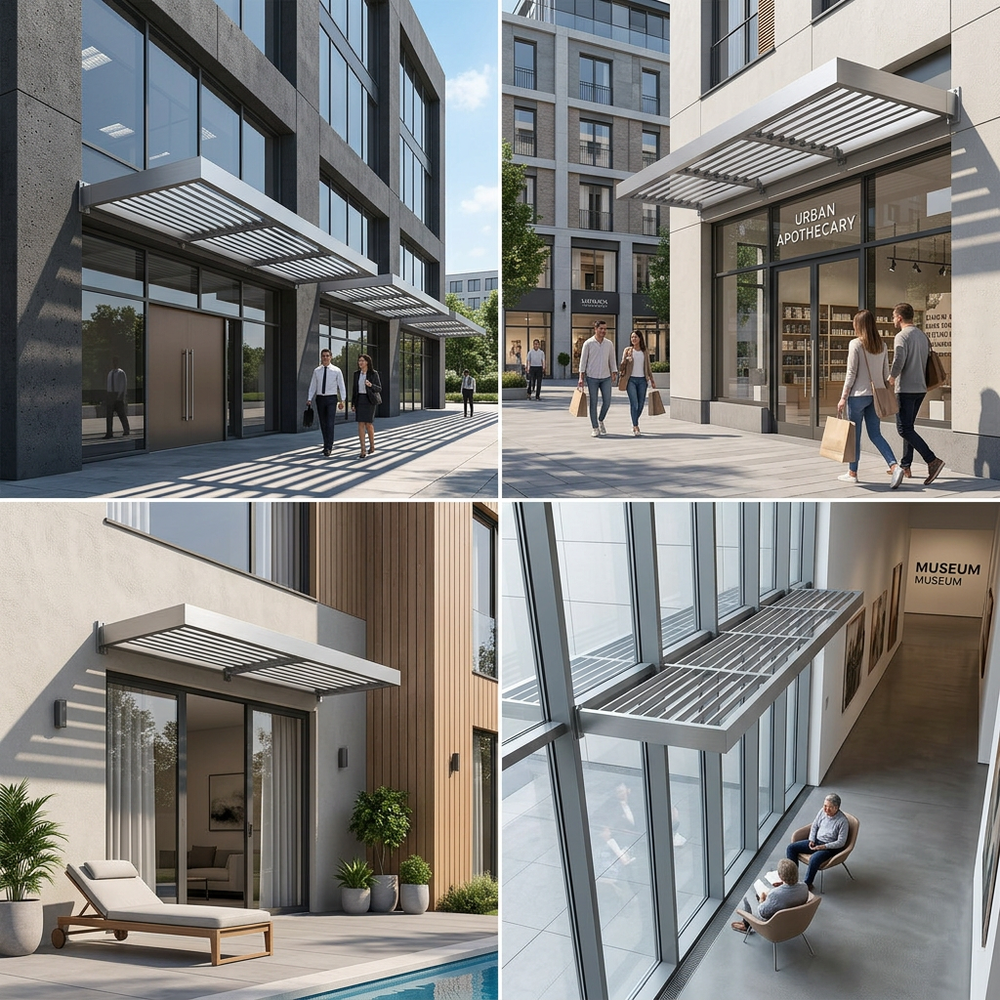 Collage of modern building exteriors with people, a pool, and interior views.