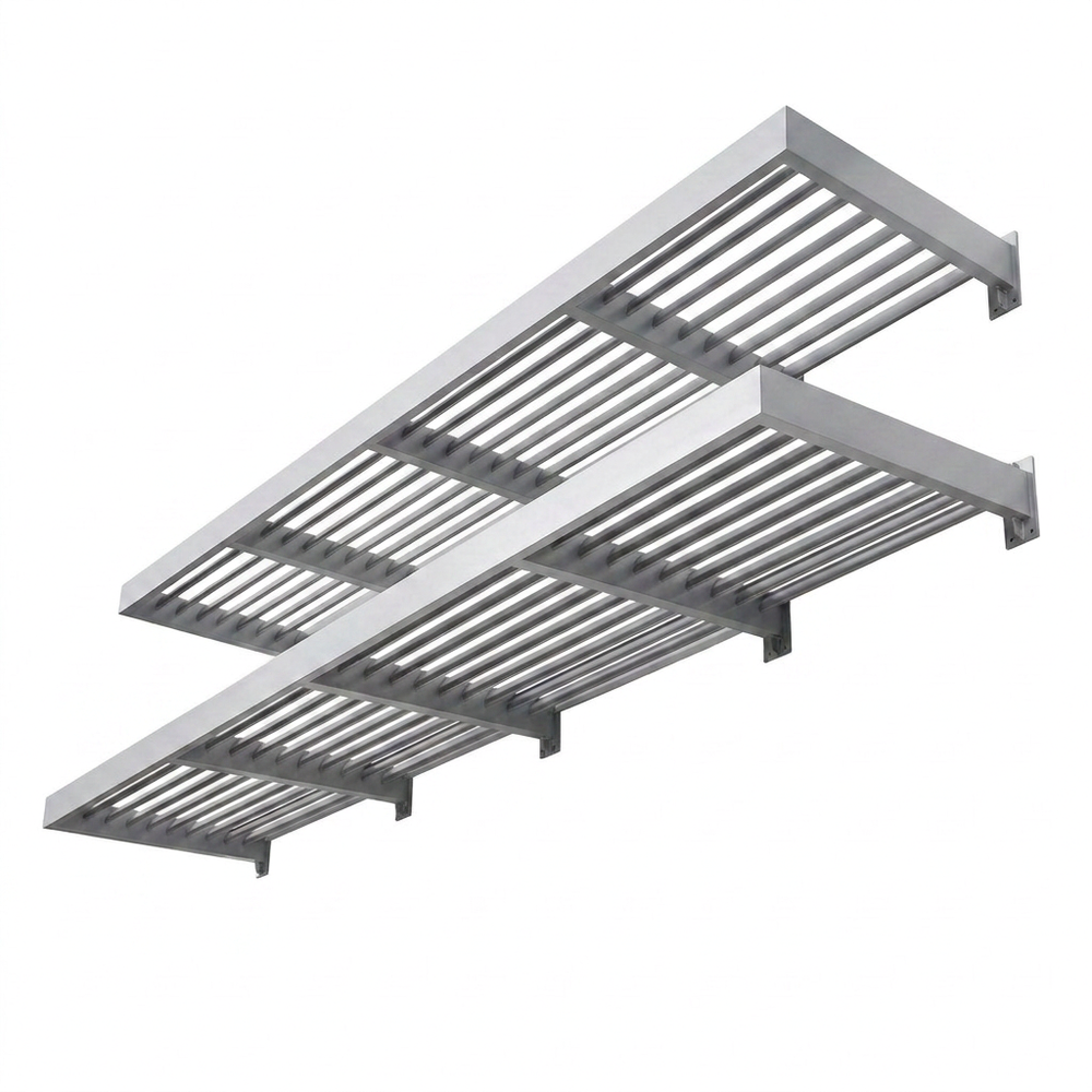 Metal ceiling grid with multiple slats on a white background