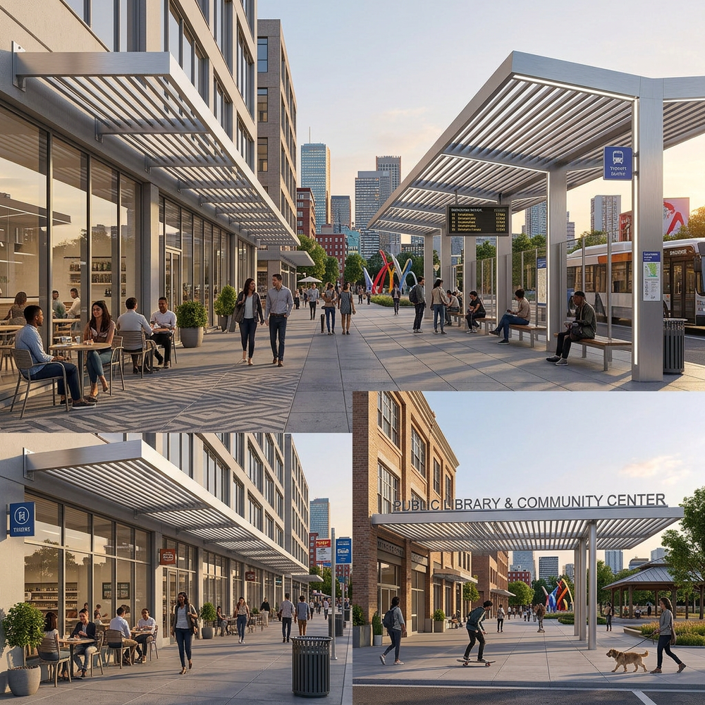 Collage of a modern urban setting with people, buildings, and outdoor seating areas.