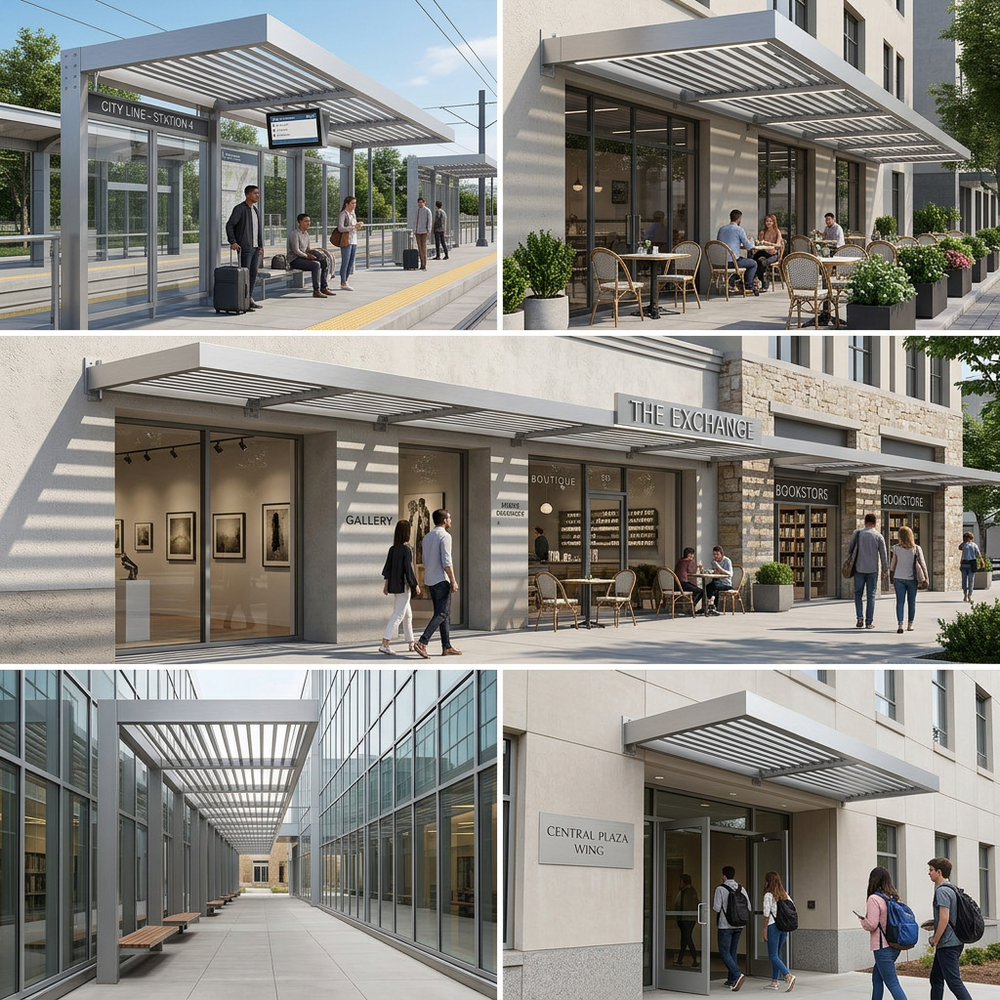 Collage of urban scenes including a bus stop, outdoor seating area, and architectural elements.