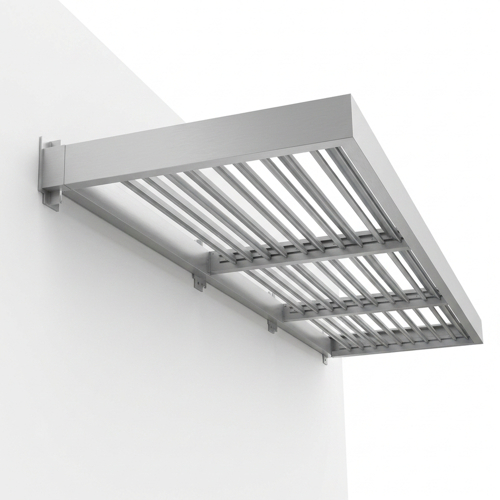 Metal canopy attached to a building wall on a white background