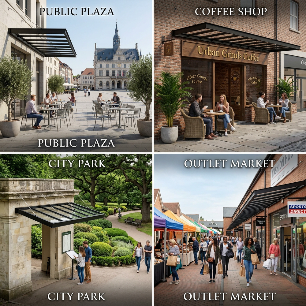 Collage of four different outdoor settings: Public Plaza, Coffee Shop, City Park, and Outlet Market.