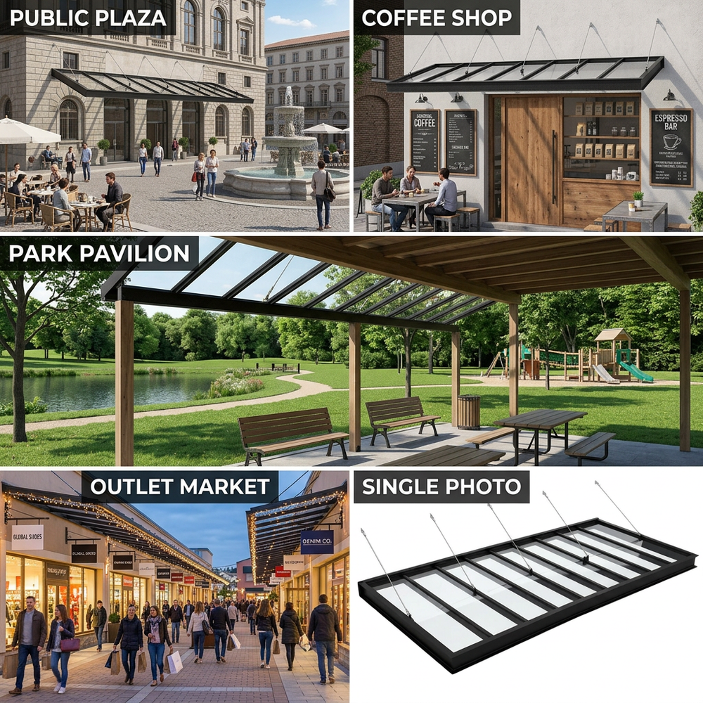 Collage of different outdoor settings including a public plaza, coffee shop, park pavilion, and outlet market.