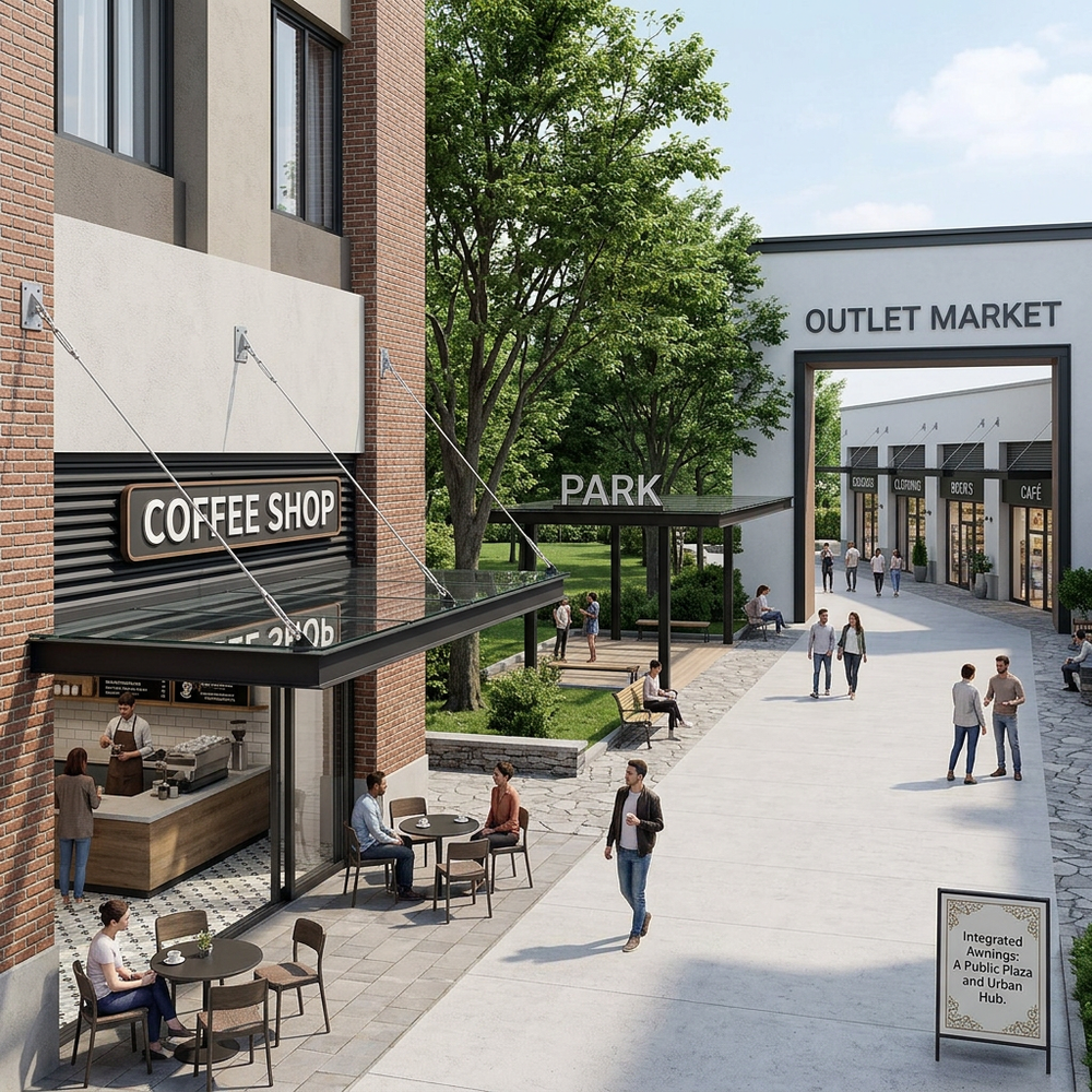 Outdoor shopping area with coffee shop, park, and outlet market signs.