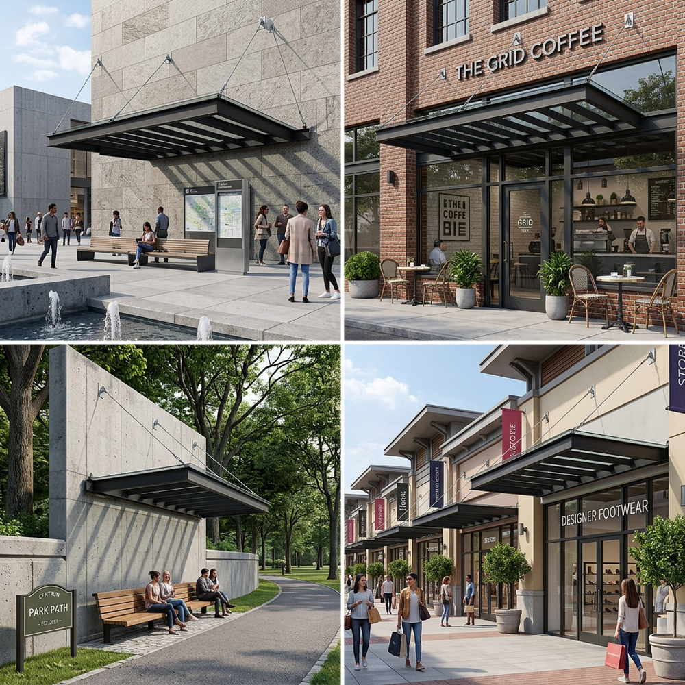 Collage of outdoor scenes including a park, a coffee shop, a street with people, and a shopping area.