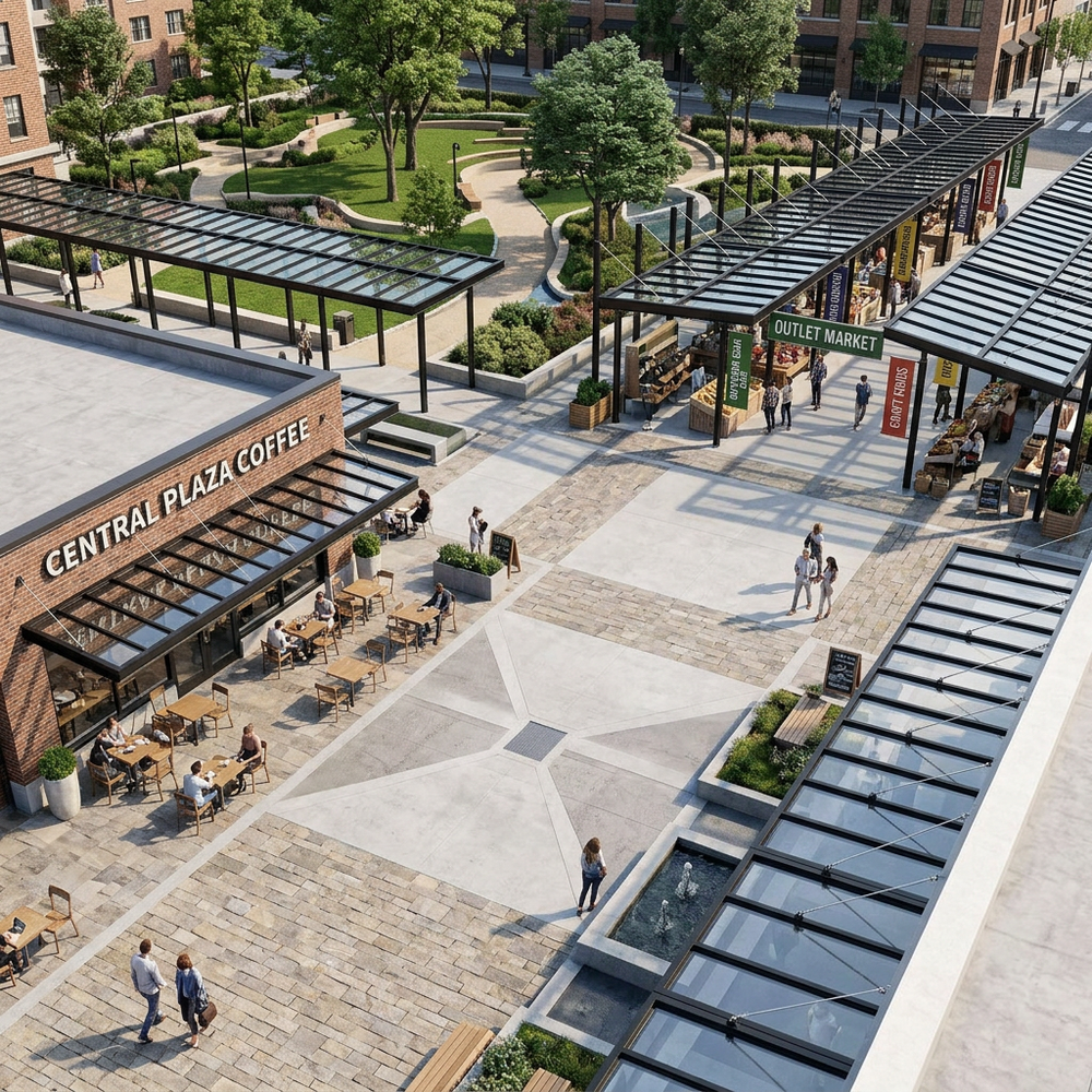 Outdoor shopping area with 'Central Plaza Coffee' and 'Outlet Market' signs, people walking and sitting.