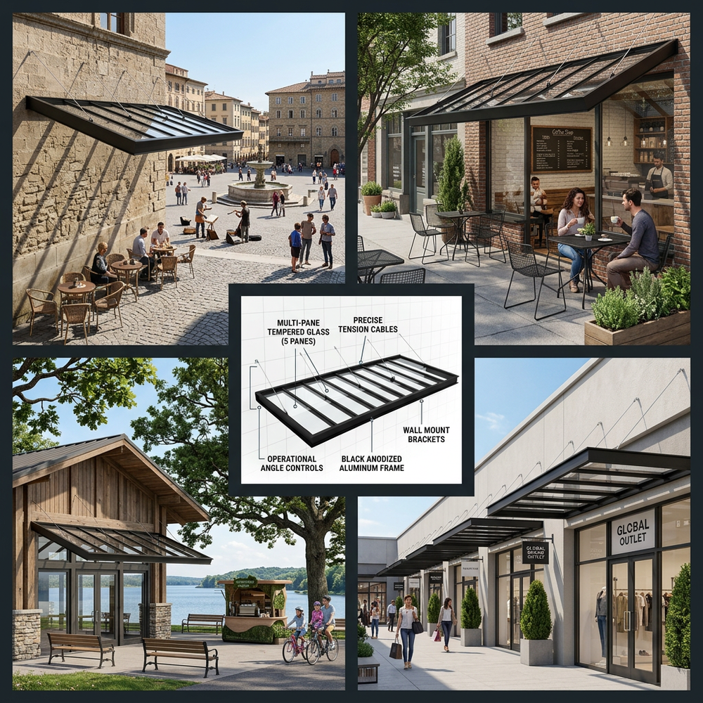 Collage of outdoor shopping area with people, trees, and architectural elements.