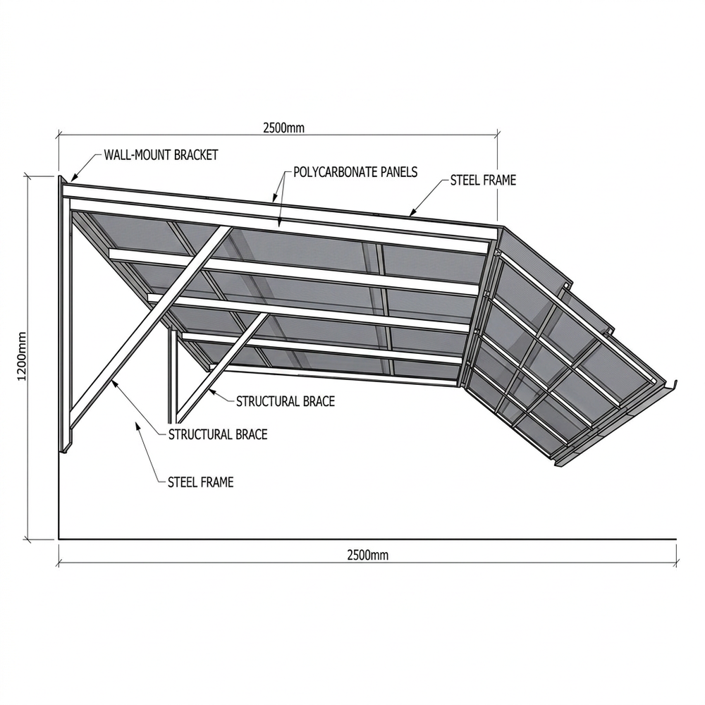 Technical diagram of a polycarbonate panel system with dimensions and labels.
