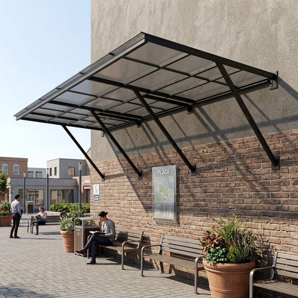 Outdoor awning attached to a building wall with people sitting on benches below.