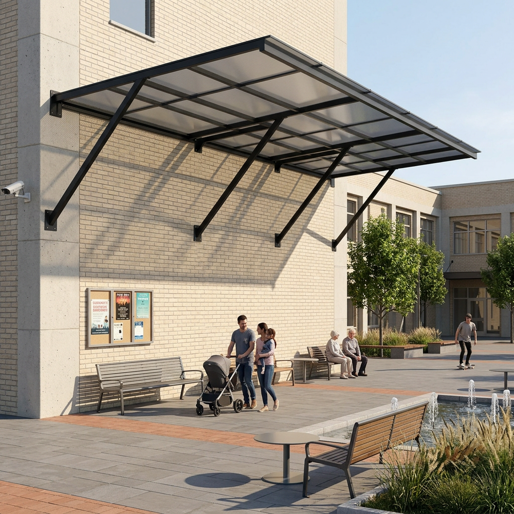 Outdoor seating area with people, benches, and a canopy in an urban setting.