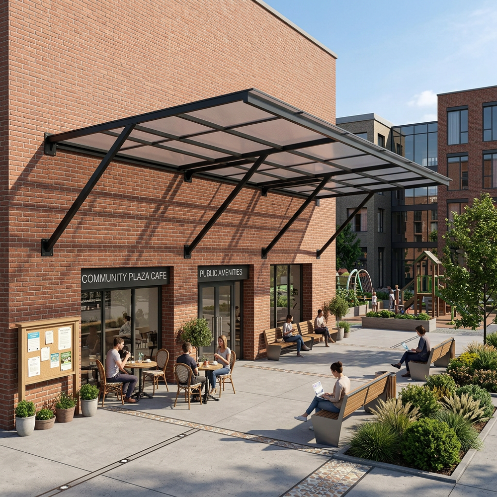 Outdoor seating area with people at tables and on benches in front of a brick building with a canopy.