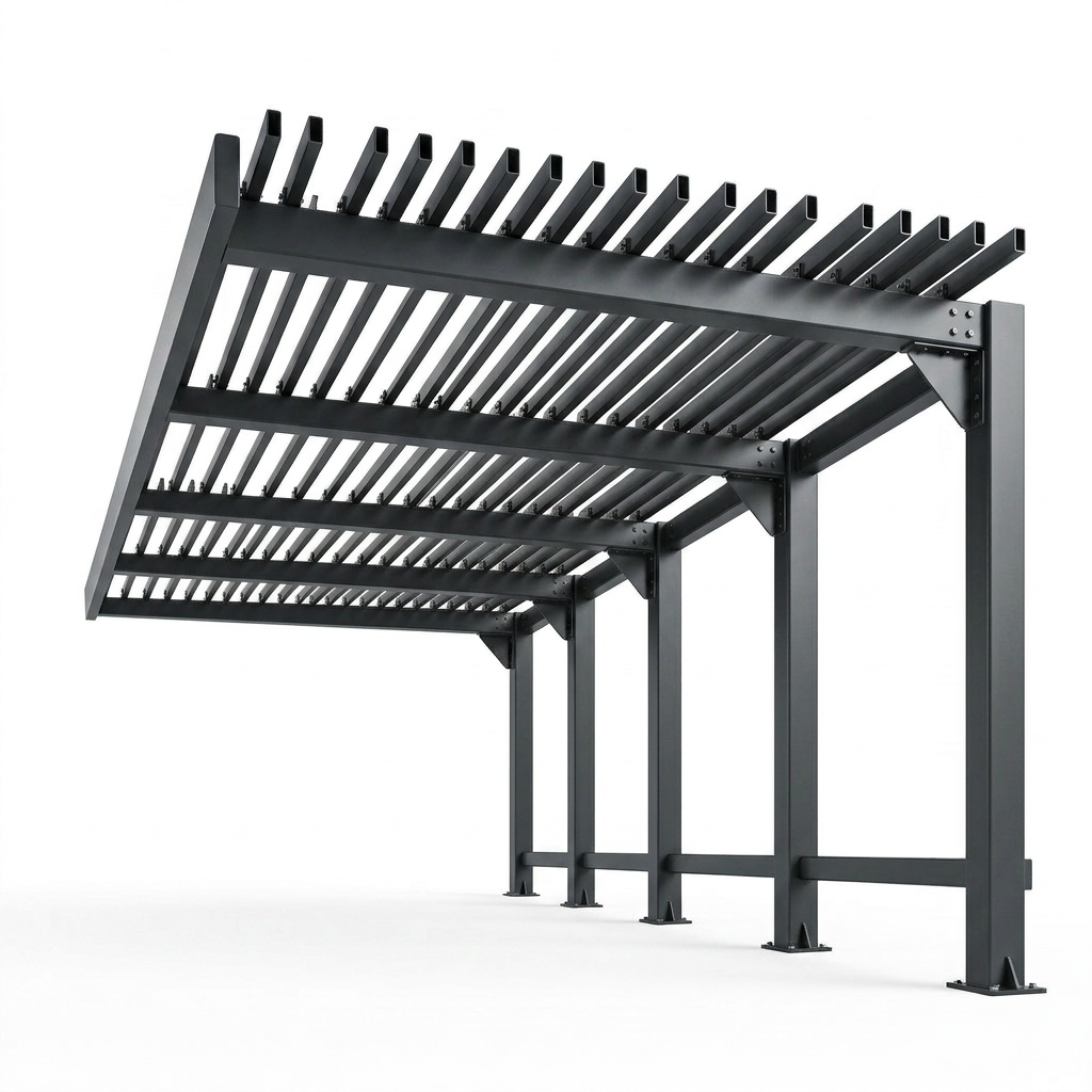 Black metal pergola structure on a white background