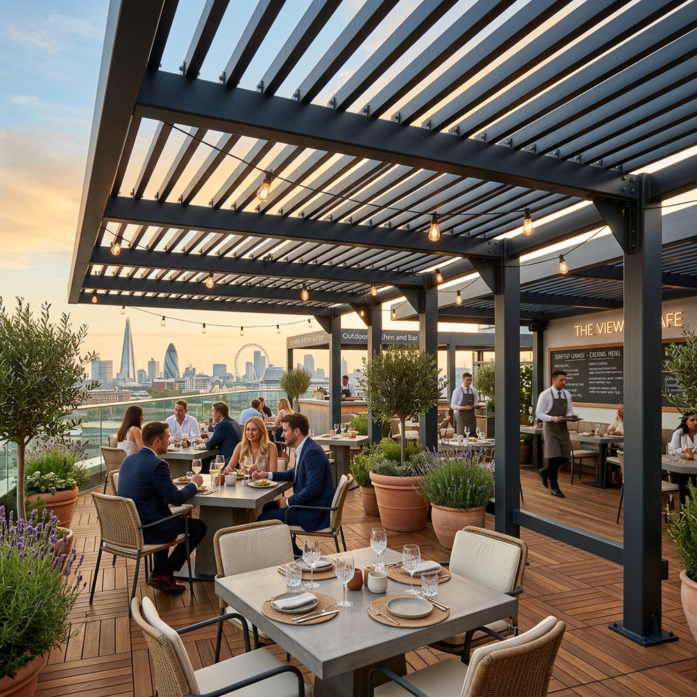 People dining under a pergola with a cityscape view in the background