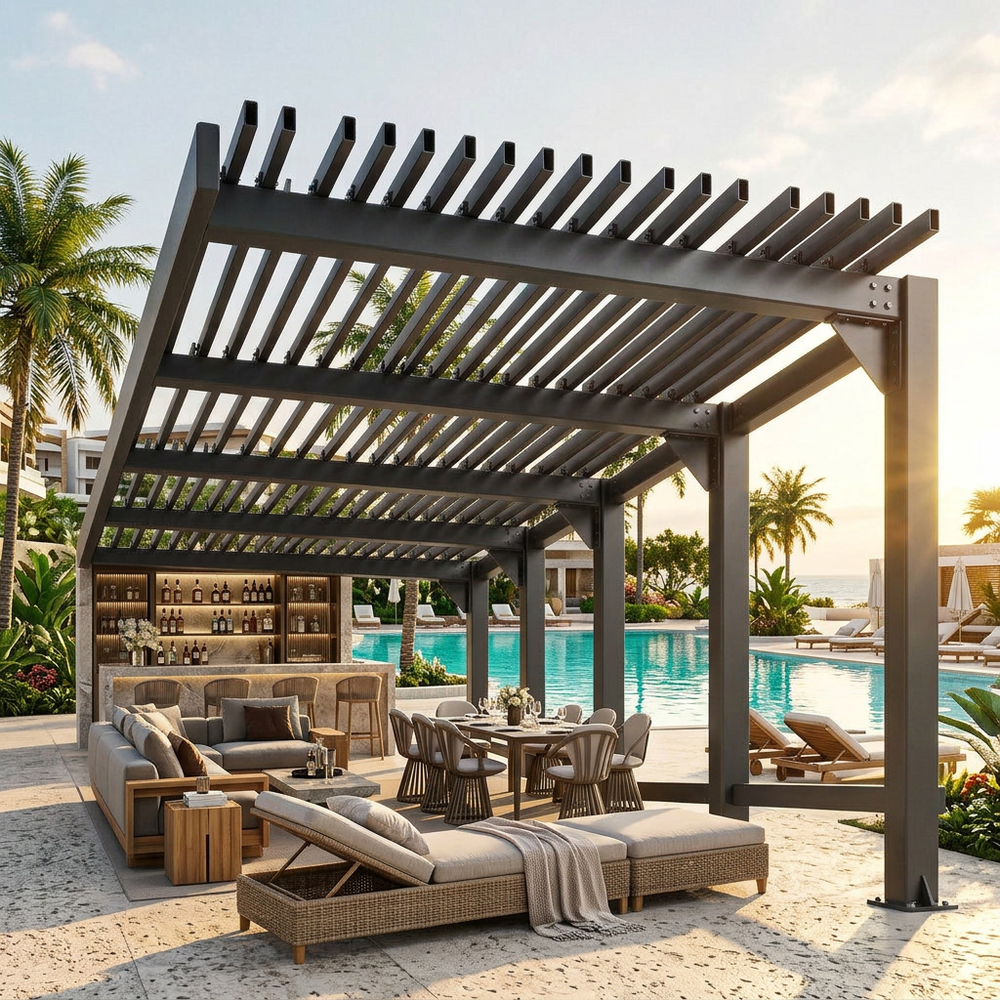 Outdoor patio area with pergola, furniture, and pool in the background