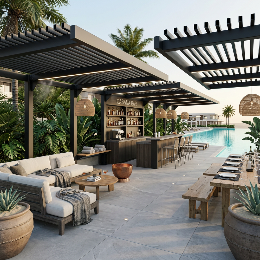 Outdoor patio area with cabana bar, tables, and chairs near a pool.