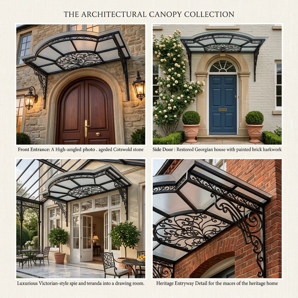 Collage of architectural canopies with different styles and settings.