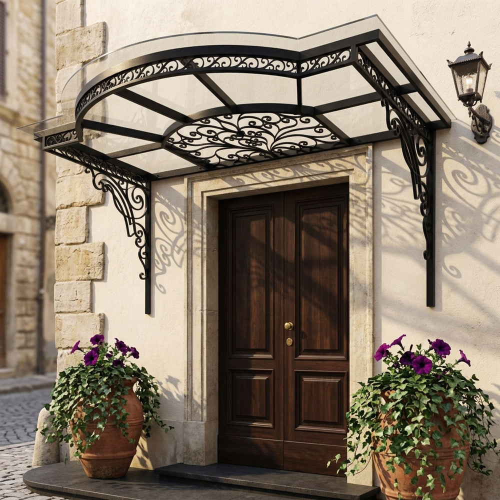 Decorative black metal canopy over a wooden door with potted plants on either side.