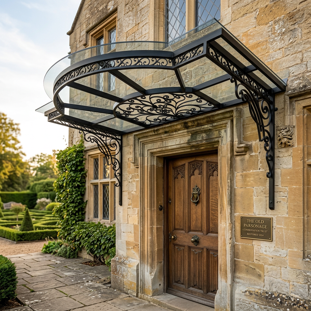 Decorative canopy over a wooden door of a stone building with garden in the background