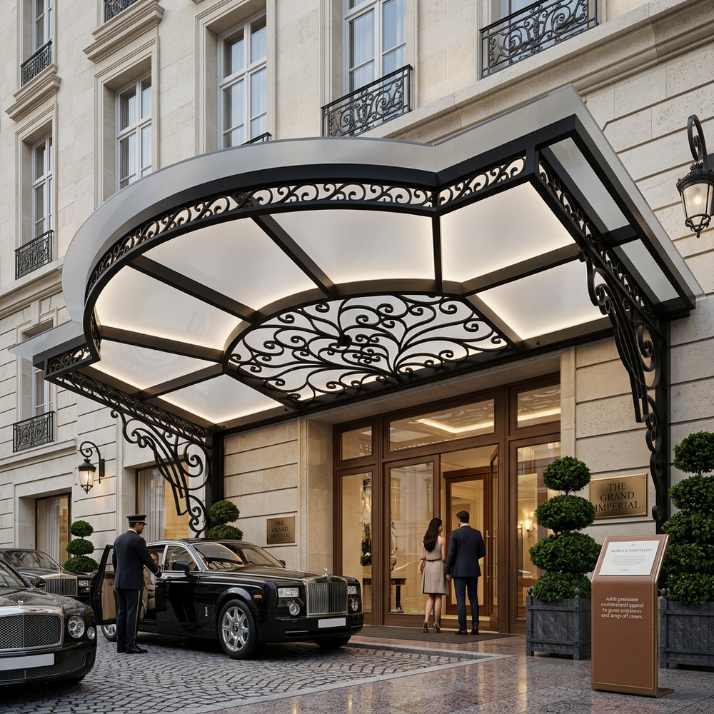 Luxury hotel entrance with ornate canopy and cars parked outside