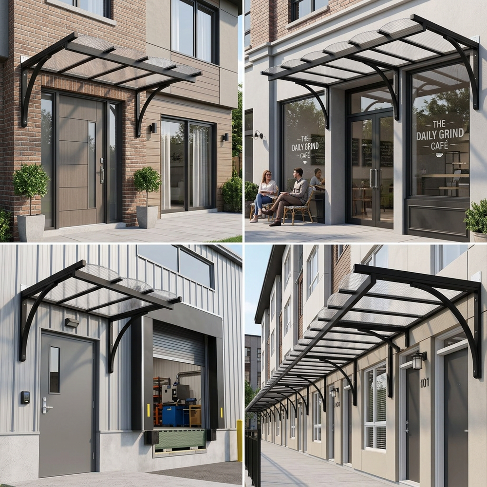 Collage of four images showing black metal canopies over various doorways.