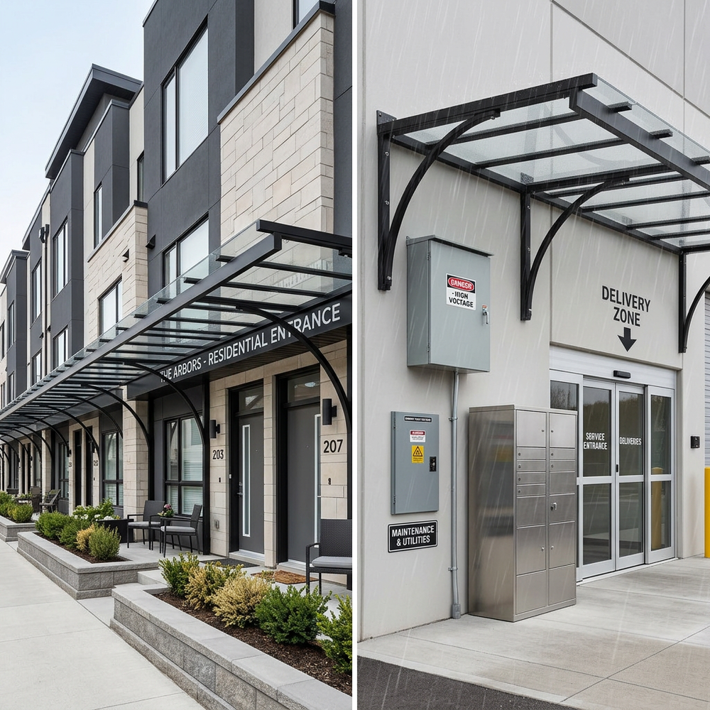 Row of townhouses with a focus on a residential entrance and delivery zone area.