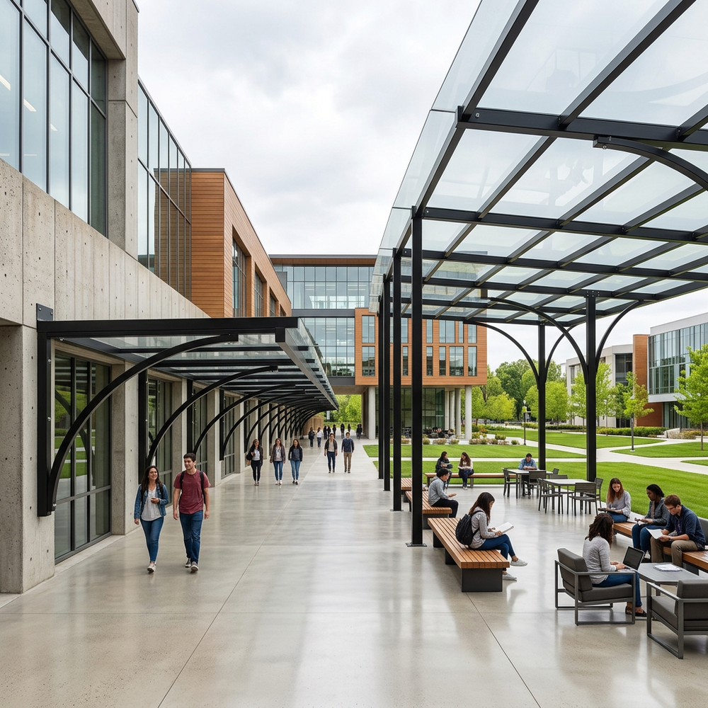 Modern university campus with students in an outdoor seating area.