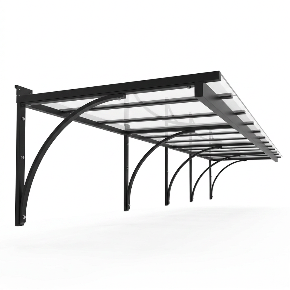 Carport structure with transparent roof on a white background