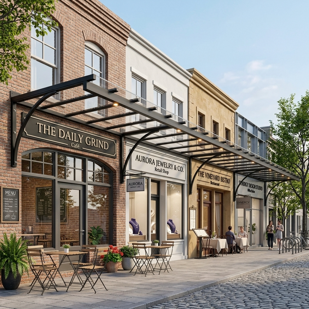 Street view of a row of shops with outdoor seating areas on a sunny day.