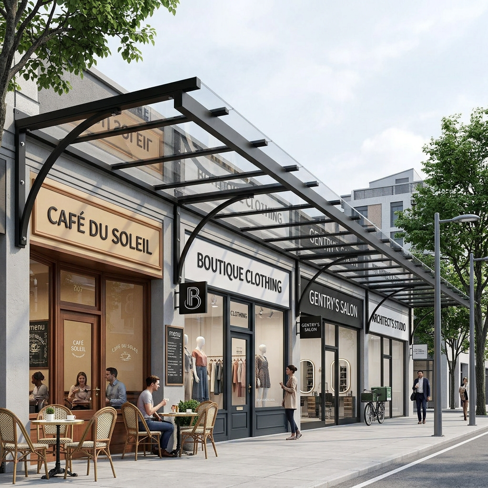 Street view of a row of shops including Café du Soleil, Boutique Clothing, and Gentry's Salon.