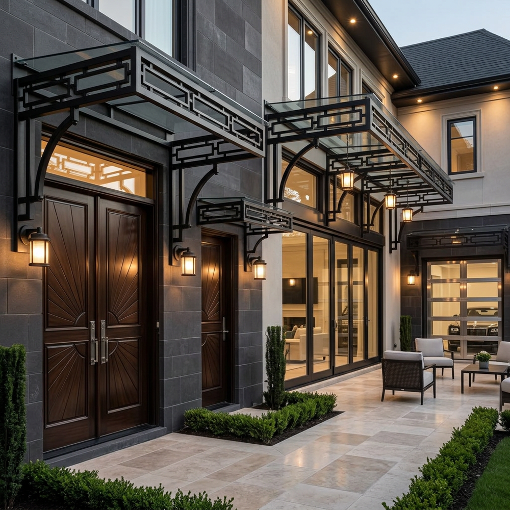 Modern house exterior with large glass doors and windows, outdoor seating area, and decorative lighting.