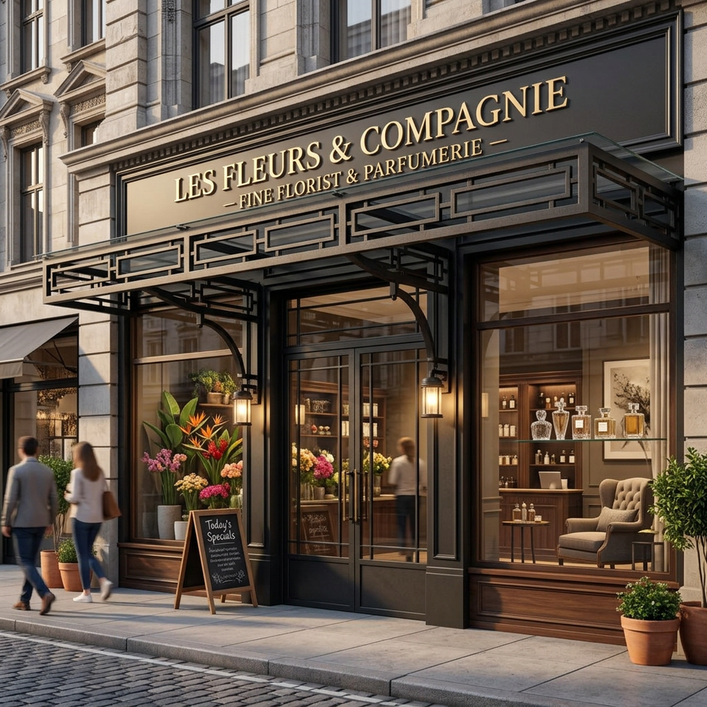 storefront of 'Les Fleurs & Compagnie' florist and perfume shop with people walking by