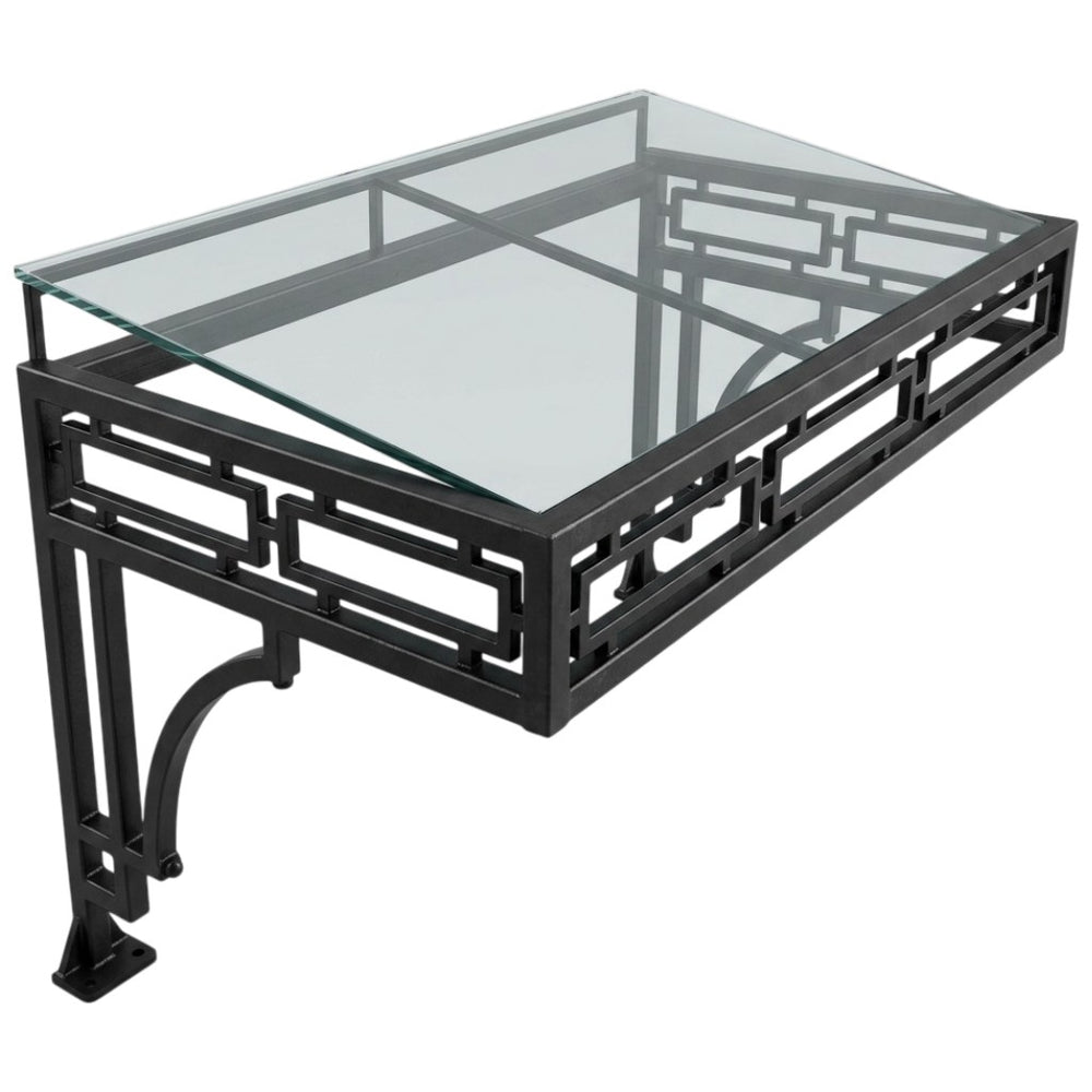 Black metal coffee table with glass top on a white background