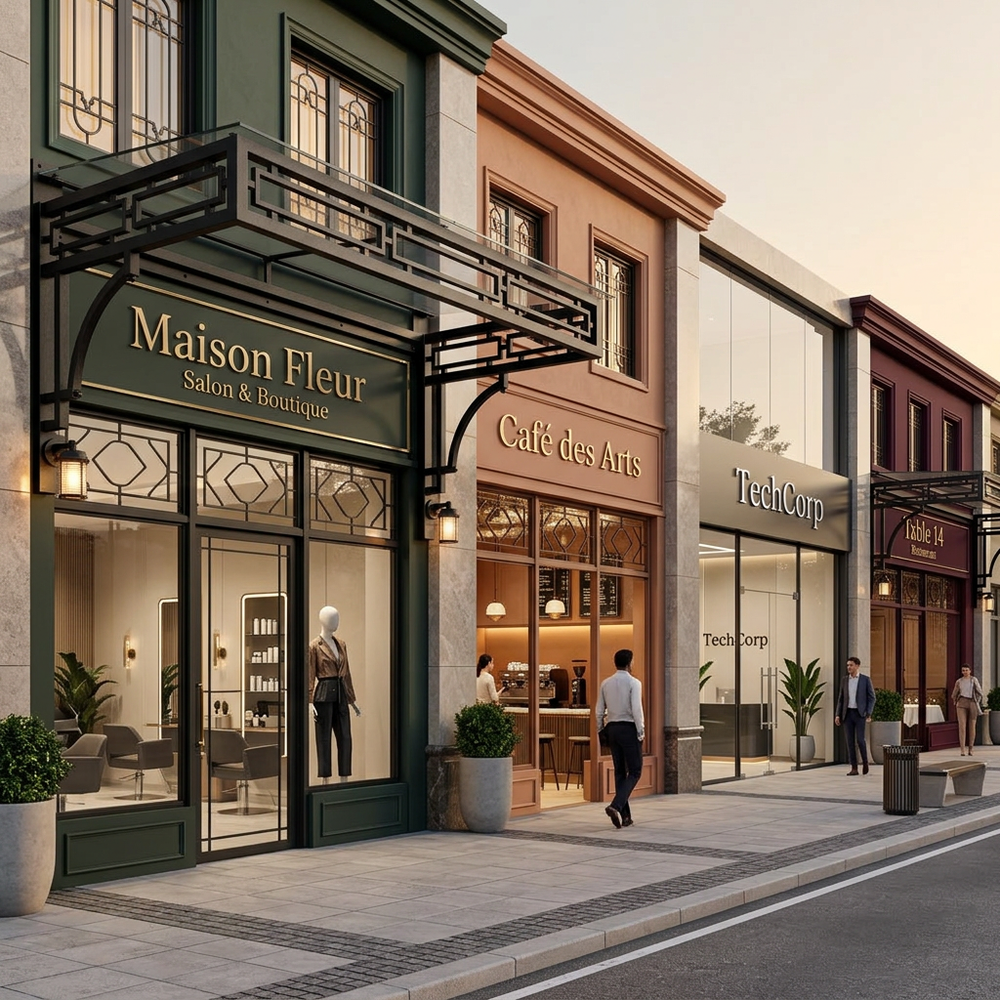 Street view of a row of shops including 'Maison Fleur', 'Café des Arts', and 'TechCorp'.
