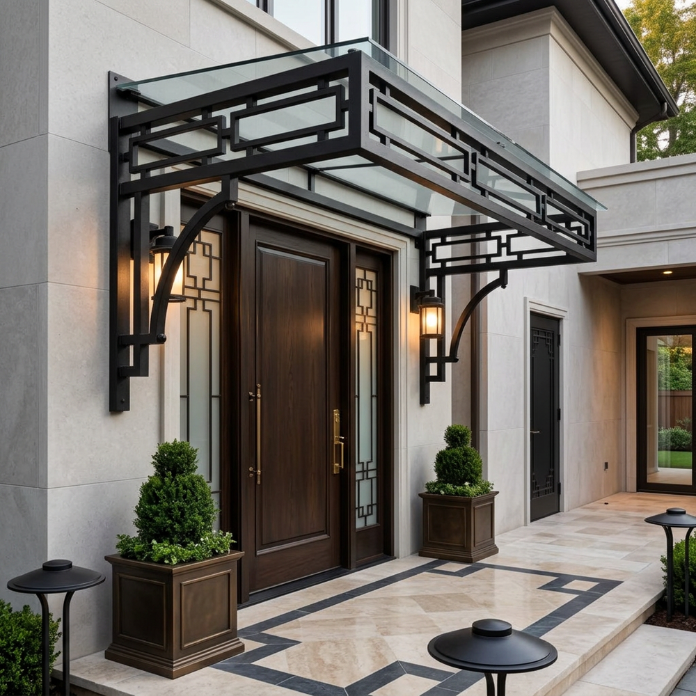 Modern entrance with a decorative black canopy over a wooden door, flanked by potted plants and outdoor lighting.