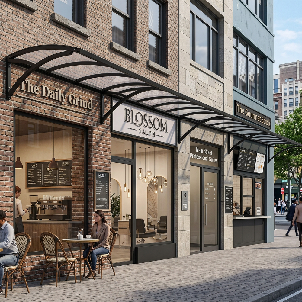 Street view of a commercial building with 'The Daily Grind', 'Blossom Salon', and 'The Gourmet Stand' on a city street.