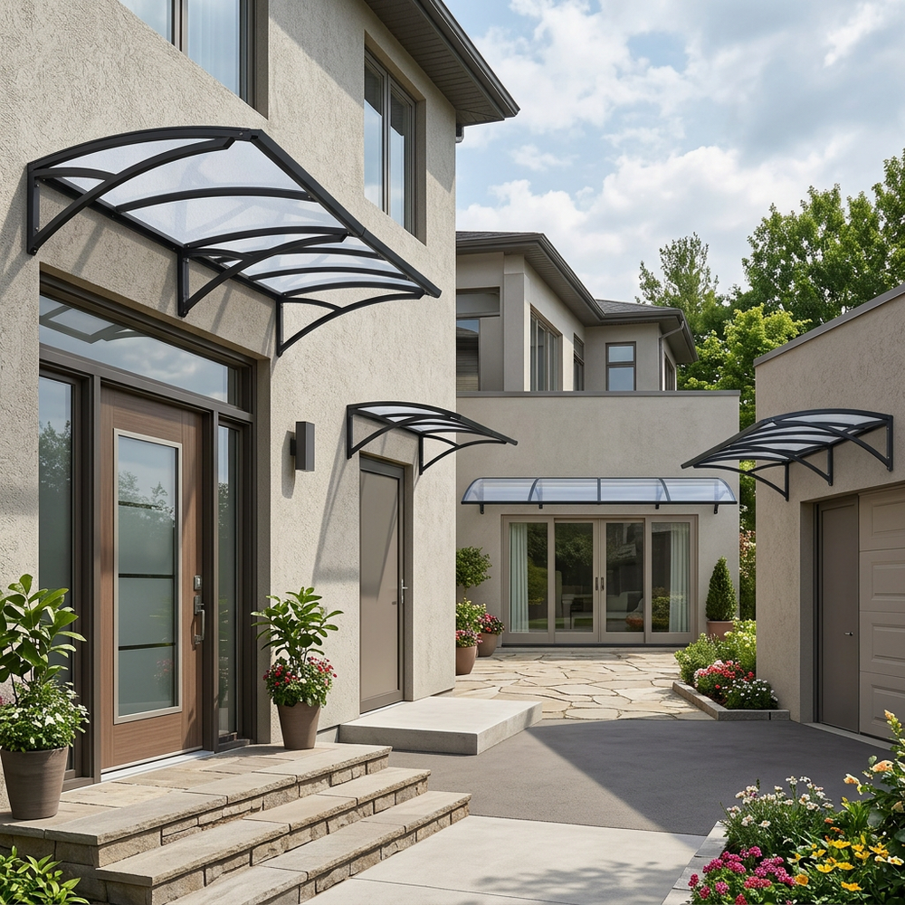 Modern house exterior with decorative awnings and landscaping