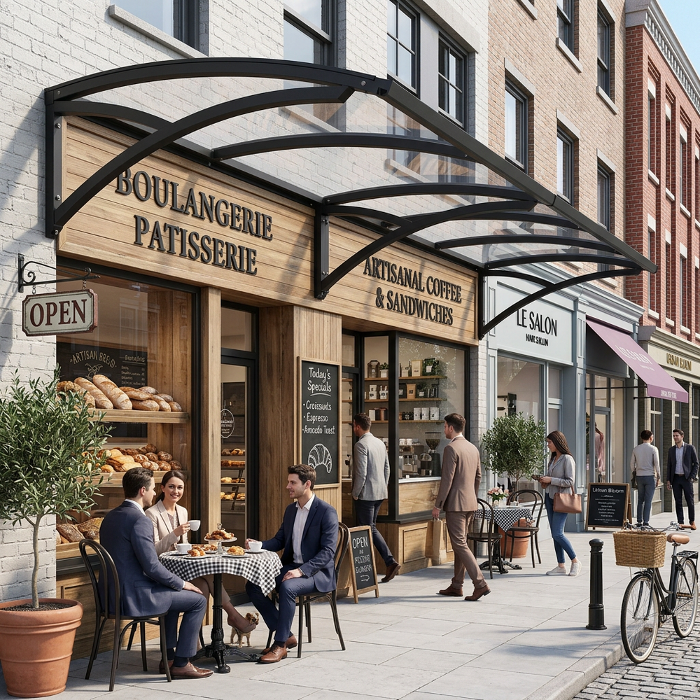 Boulangerie Patisserie with people dining outside on a city street.