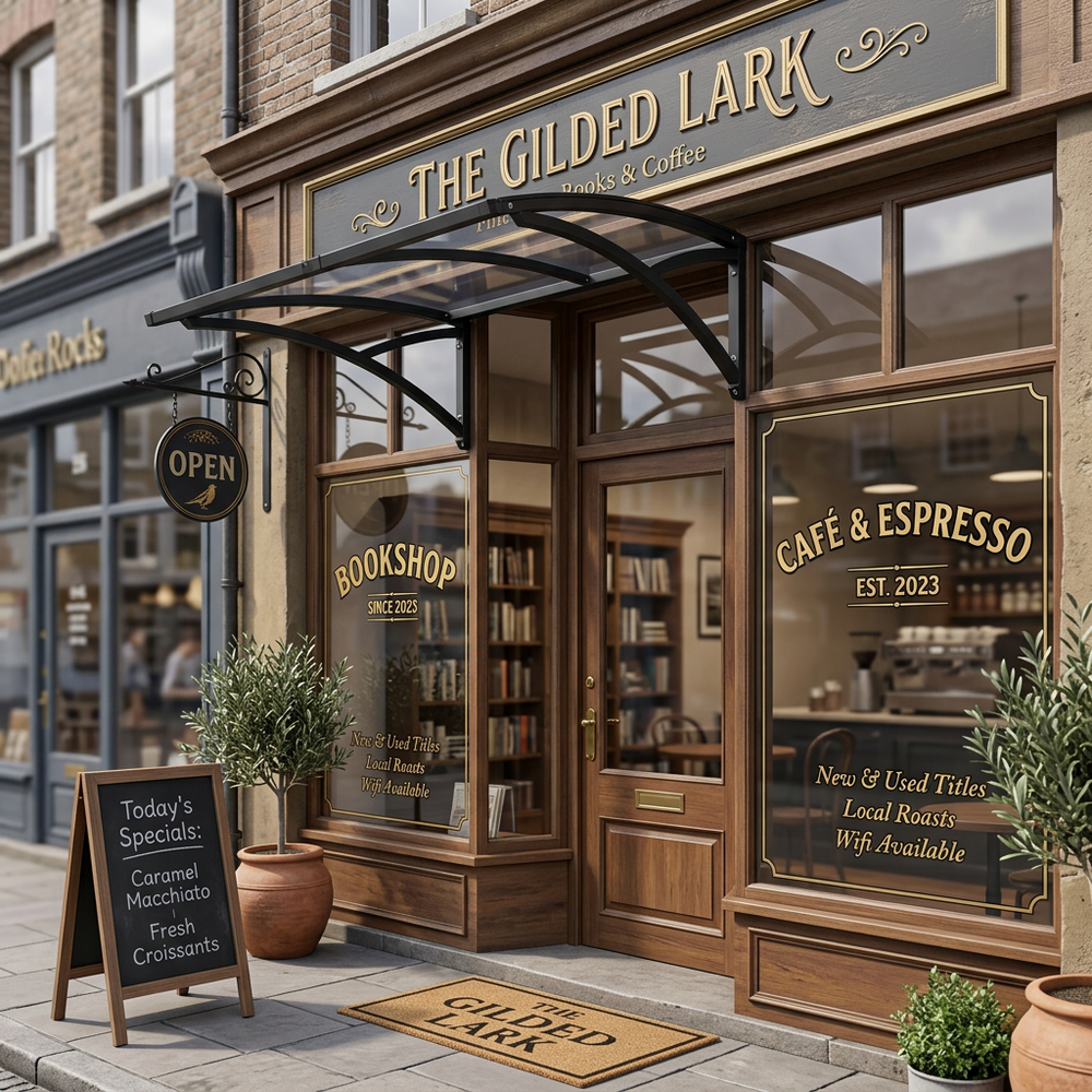 storefront of 'The Gilded Lark' with bookshop and cafe & espresso signs