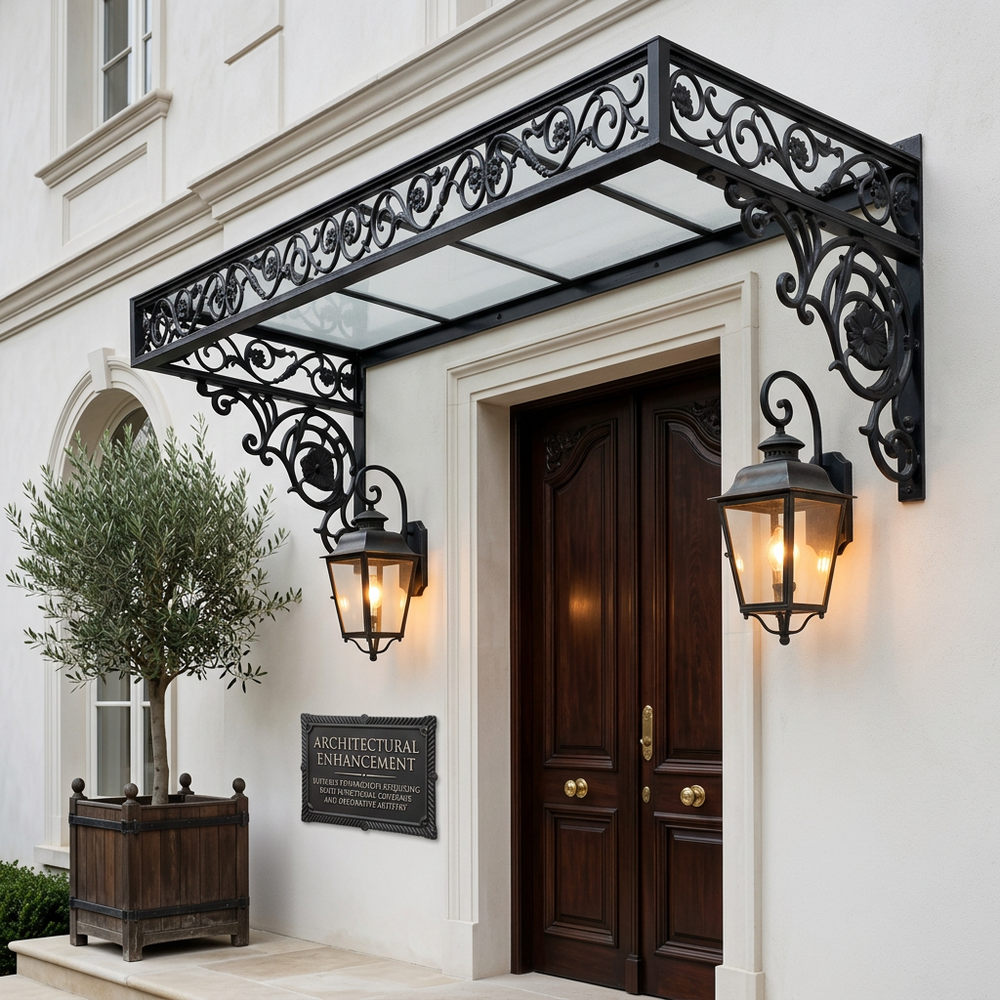 Decorative metal canopy over a door with wall-mounted lights on a white building.