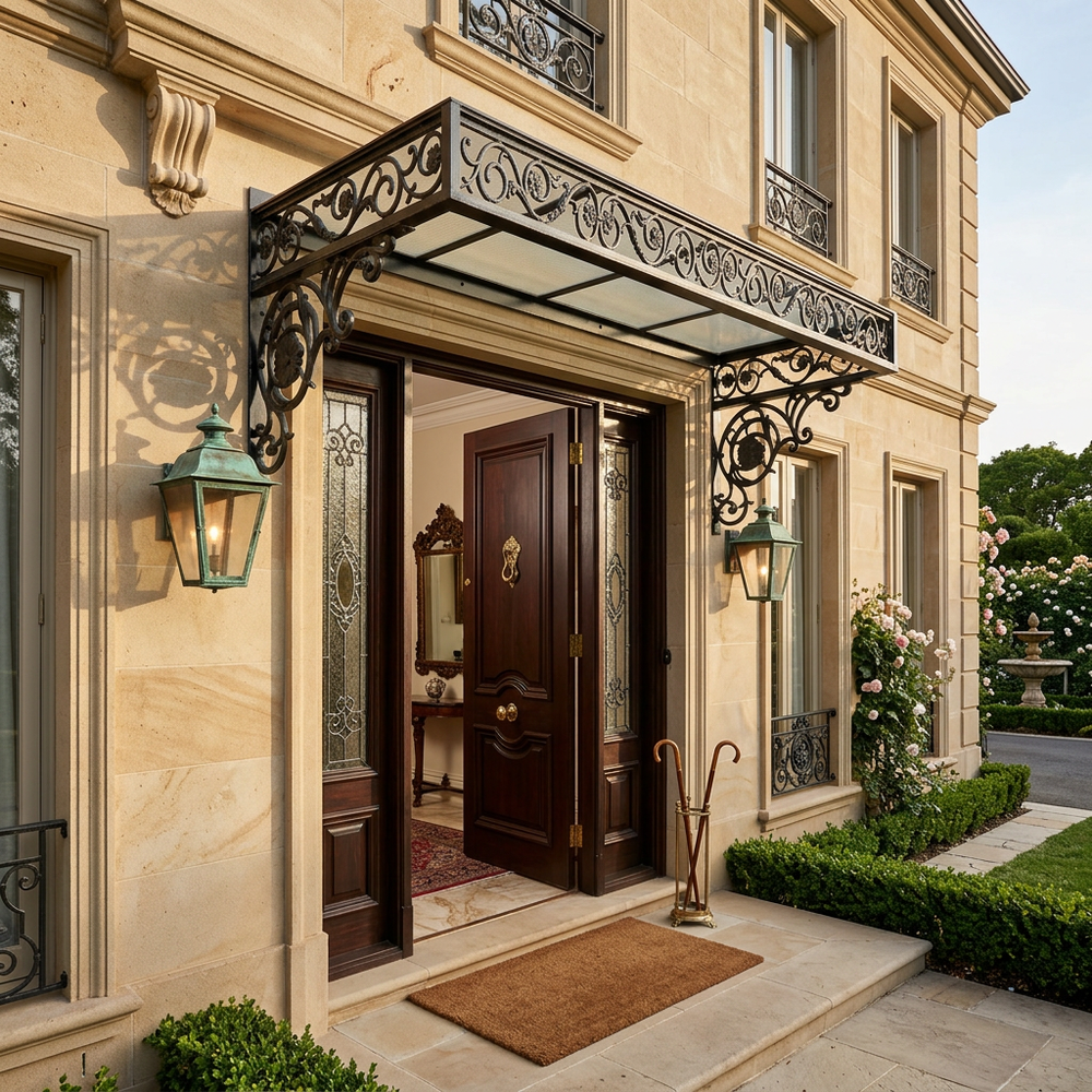 Luxurious home entrance with decorative awning and ornate door.