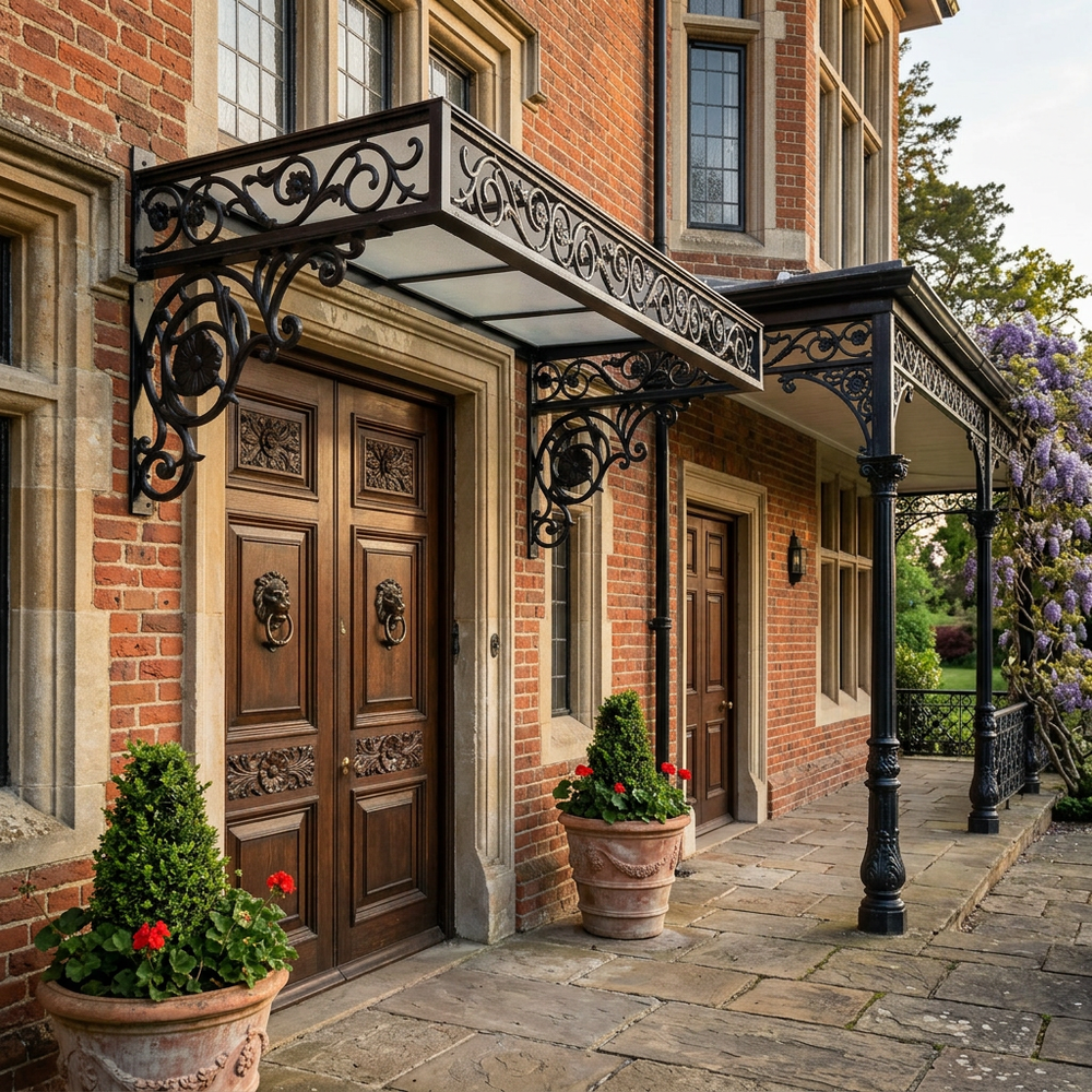 Decorative entrance of a brick building with ornate black metal canopy and potted plants.